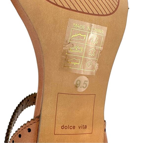 Dolce Vita Straps Sandal Sz 9.5 Brown Leather Gold Block High Heel Laser-Cut New - Picture 7 of 15